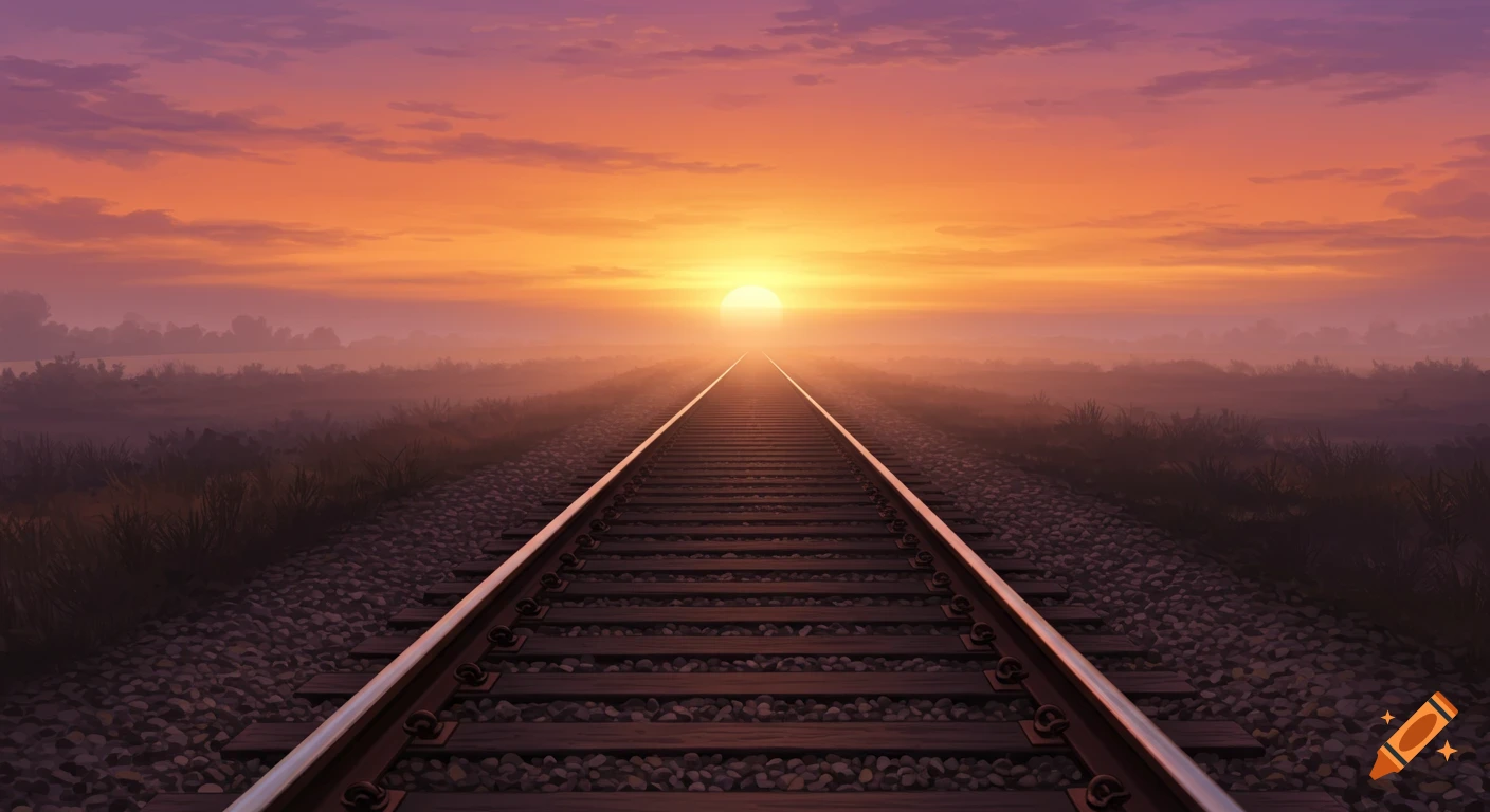 Railroad tracks stretching into a misty sunset landscape