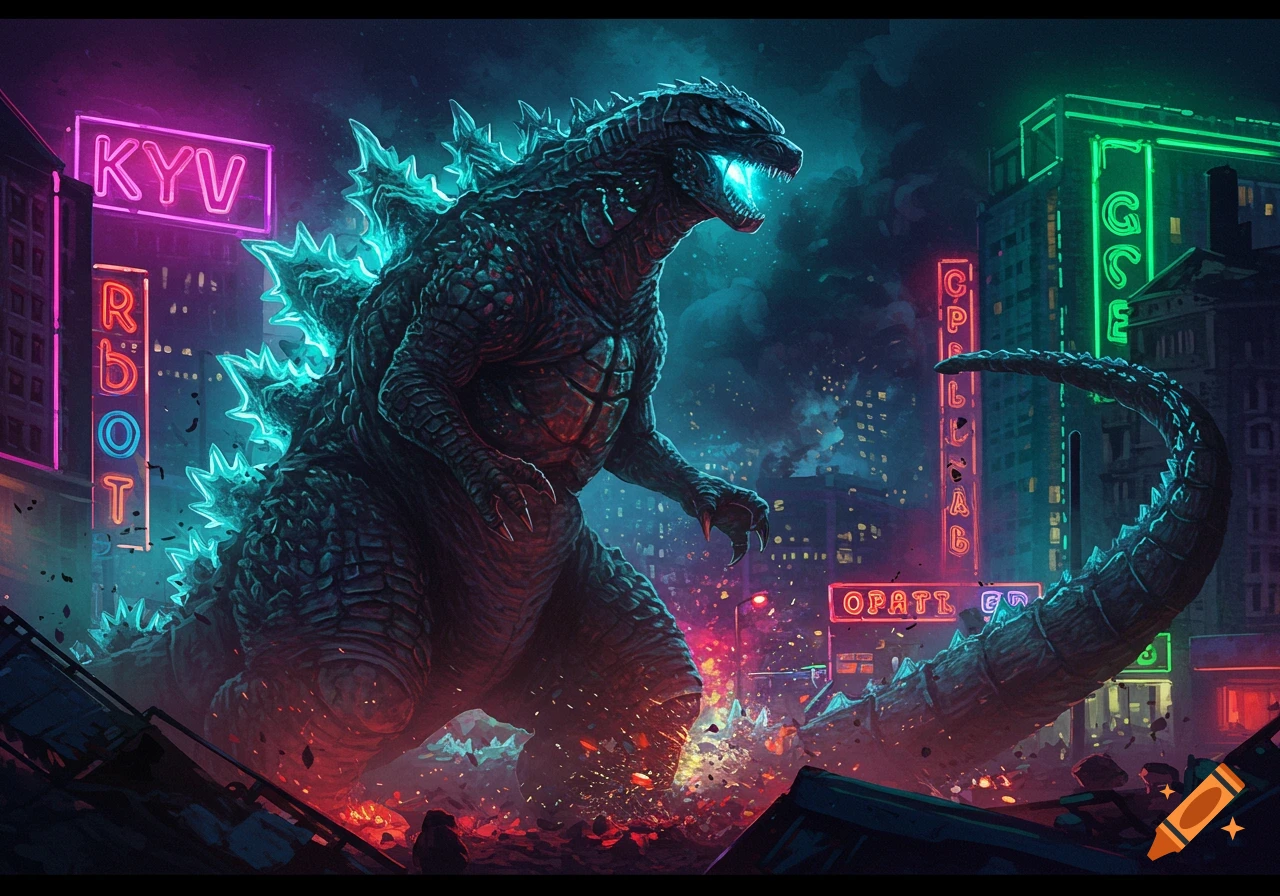Godzilla attacking a neon-lit city at night, with destruction and glowing eyes.
