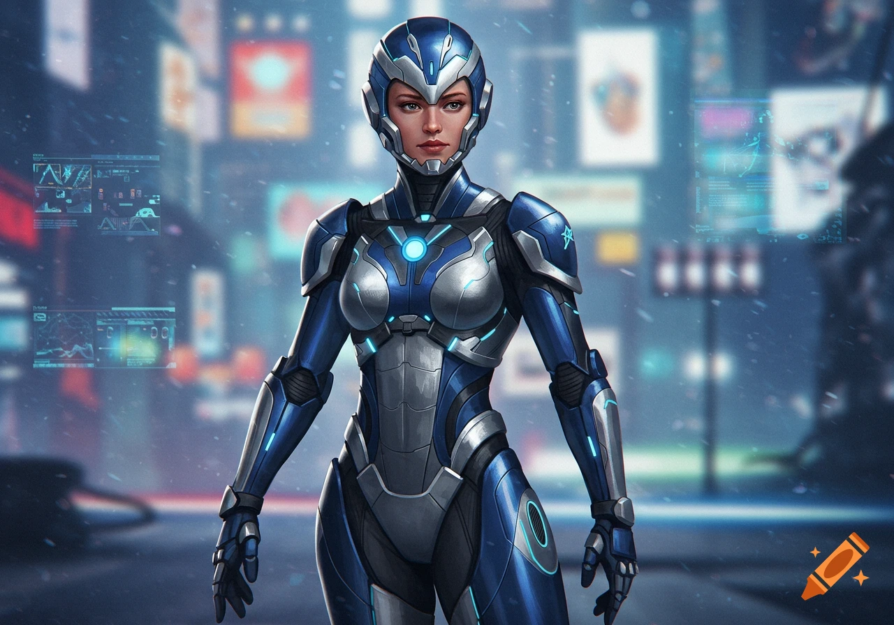 A female superhero in futuristic blue and grey armor stands in a cybernetic cityscape.