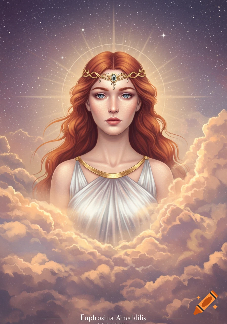 A goddess-like woman with red hair and a golden crown floats in clouds against a starry sky.