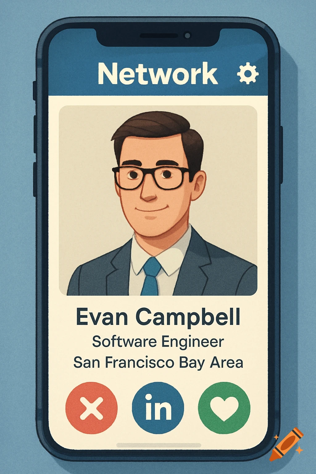Phone screen showing a professional network app profile for Evan Campbell, Software Engineer, with connect icons.