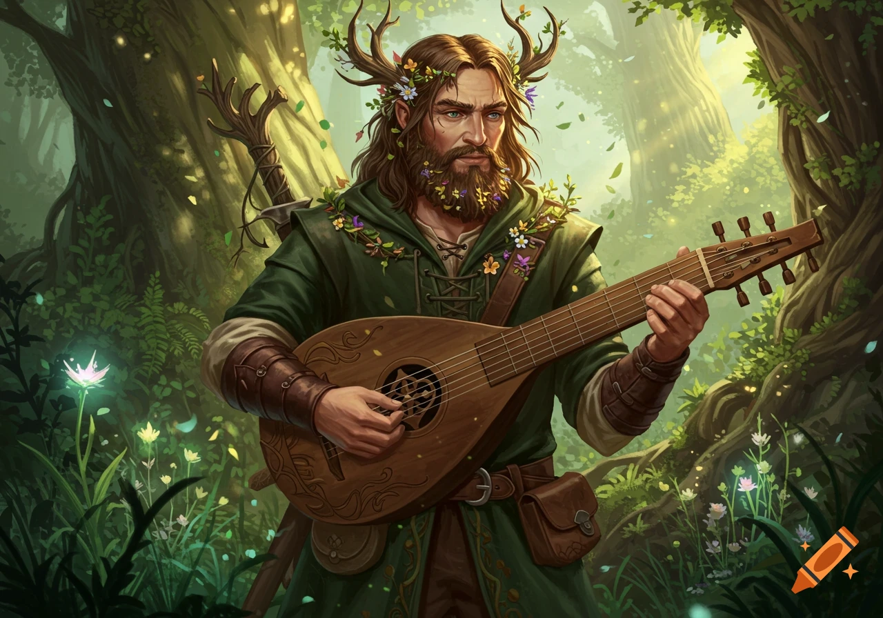 A man with antlers and flowers in his hair and beard plays a lute in a sun-dappled forest clearing.