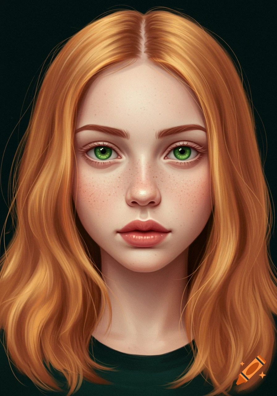 Close-up portrait illustration of a girl with ginger hair, green eyes, and freckles.