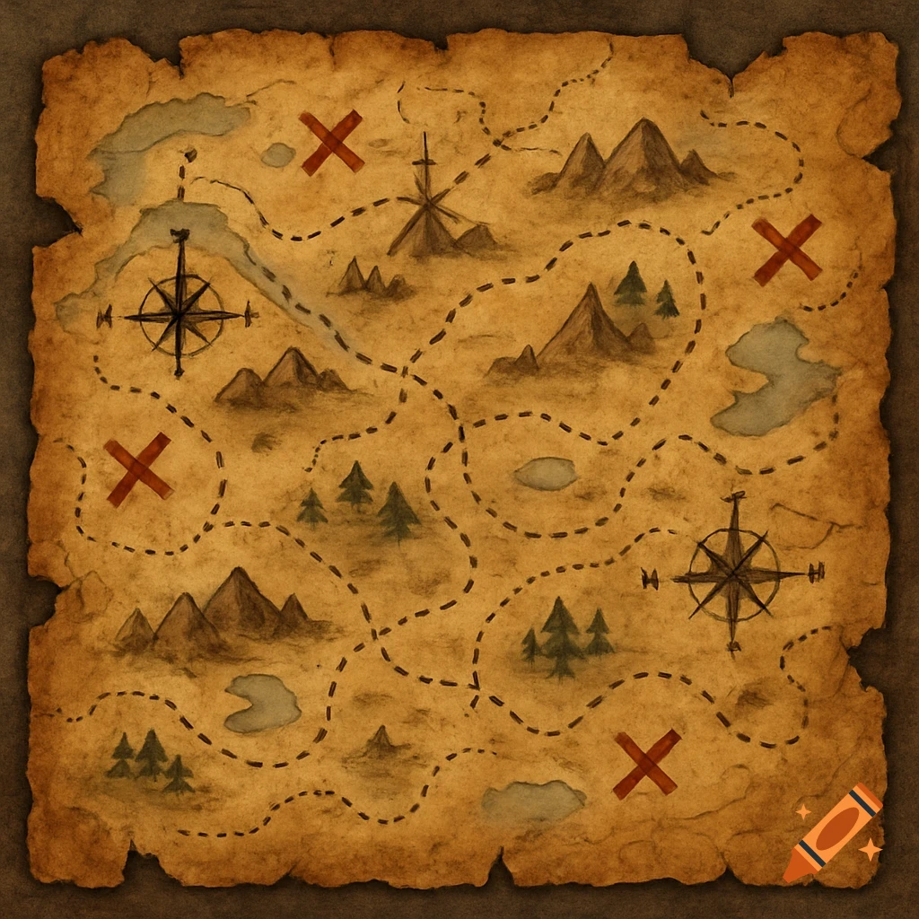 Old rustic torn treasure map with mountains, trees, water, compasses, and red X marks.