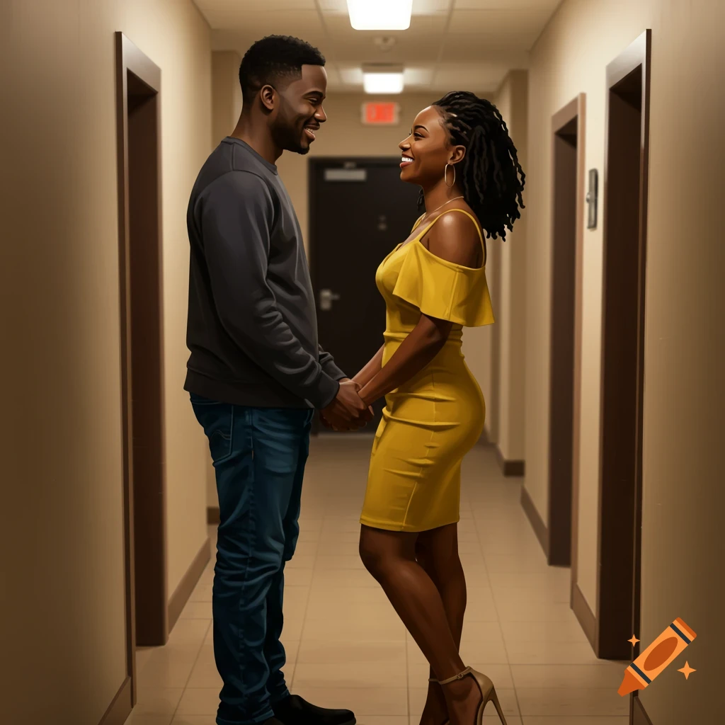 A Black couple holds hands and smiles at each other in a hallway.