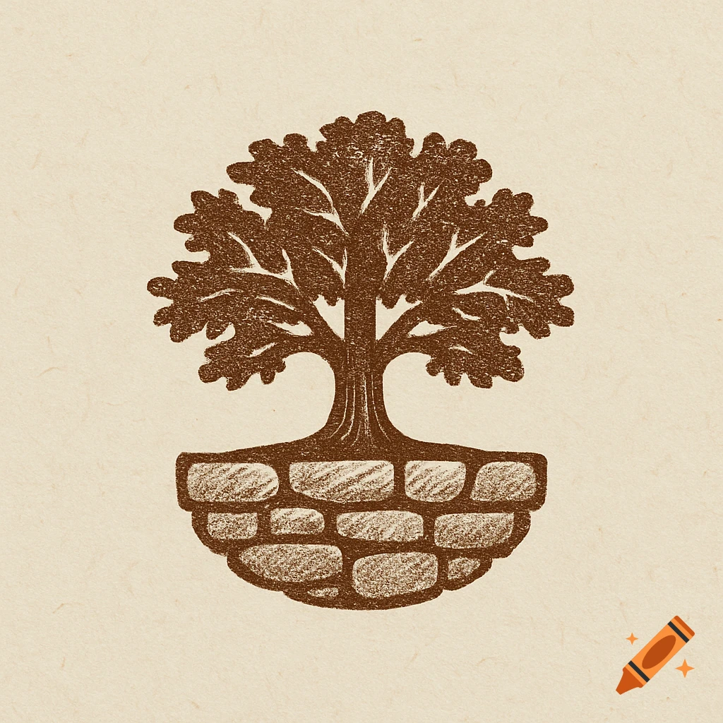 Stylized illustration of an oak tree on a stone base, in a logo style