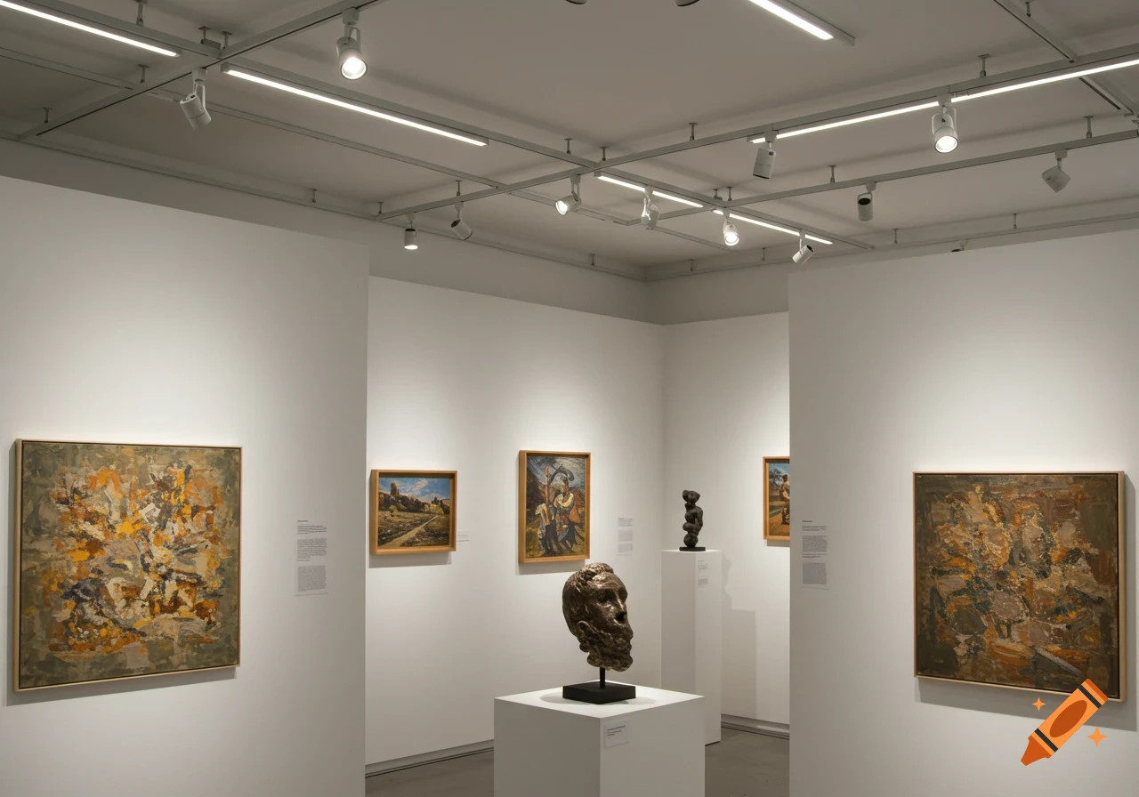 View inside a modern art gallery with paintings, sculptures, and track lighting