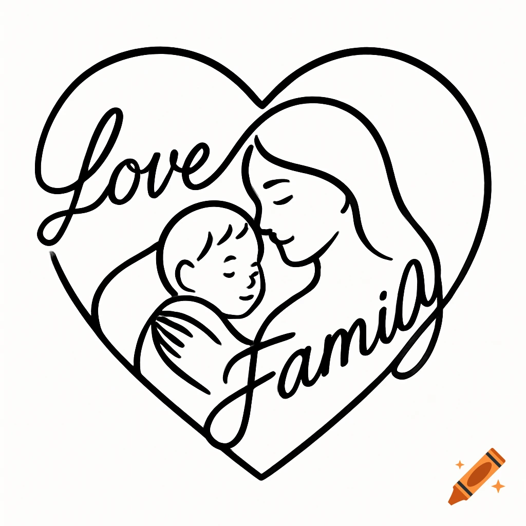 Black and white line drawing of a mother holding a baby inside a heart outline, with 'Love' and 'Family' integrated.