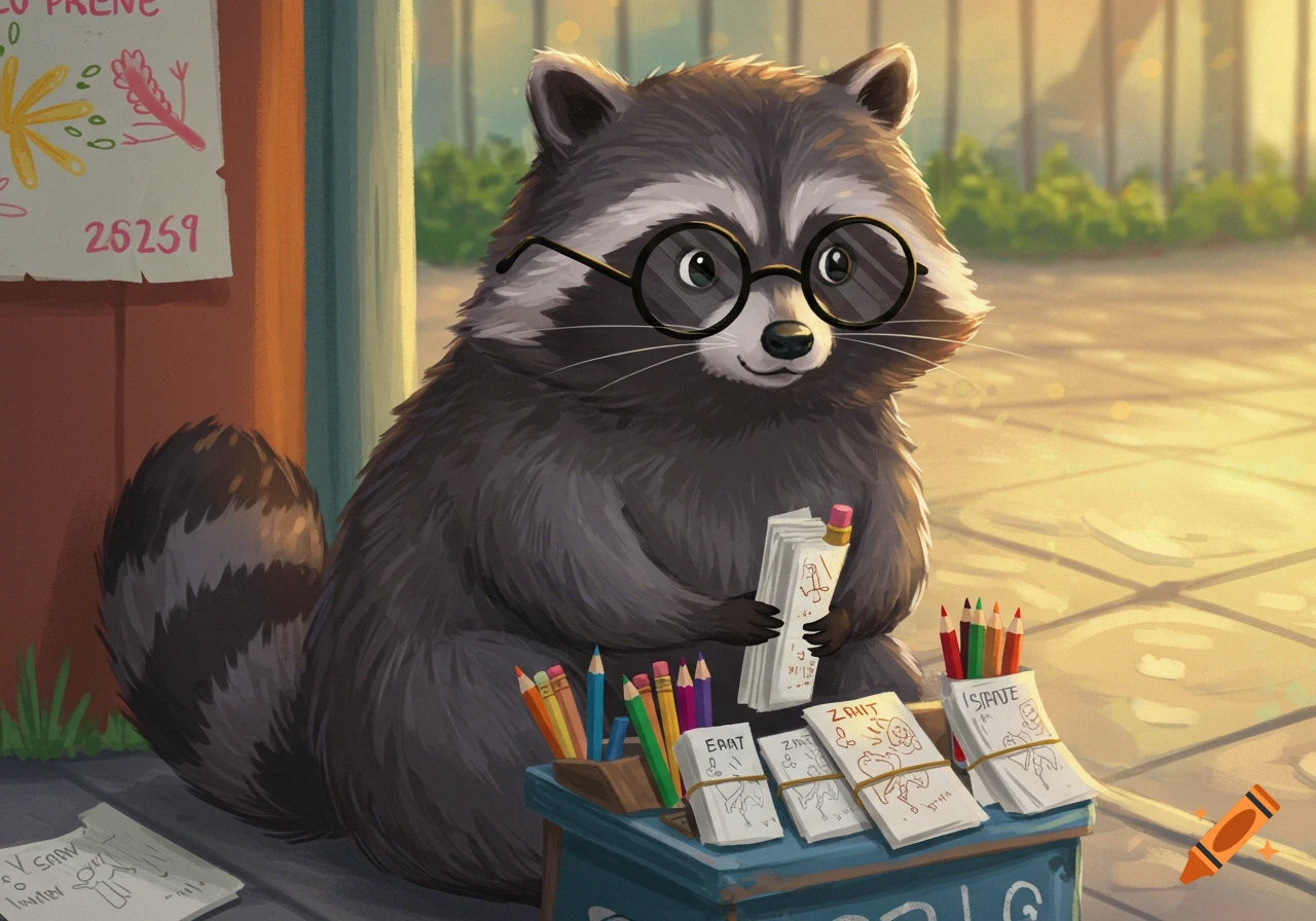An illustration of a raccoon wearing glasses and selling stacks of drawings and colored pencils from a small stand.