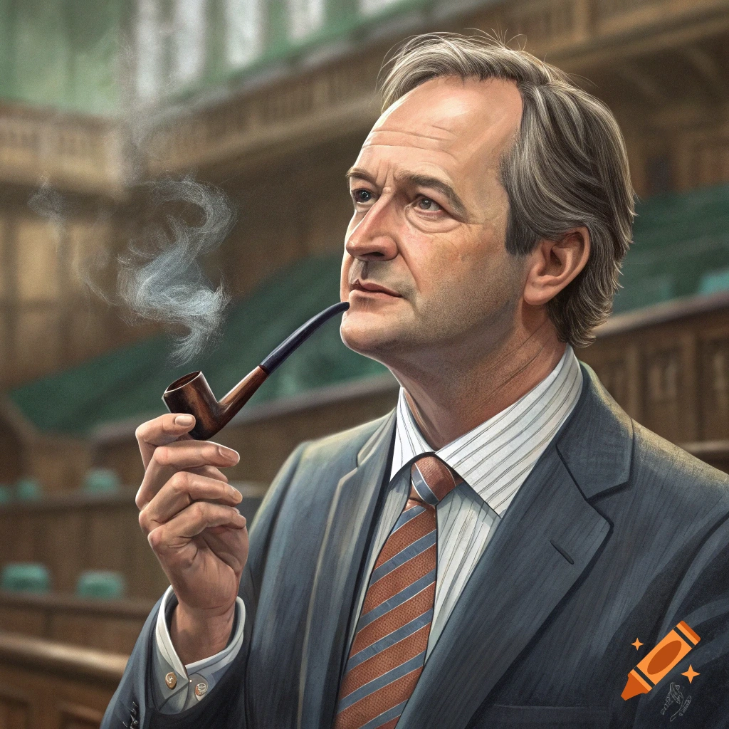 Realistic portrait of a man in a suit smoking a pipe in a formal setting.