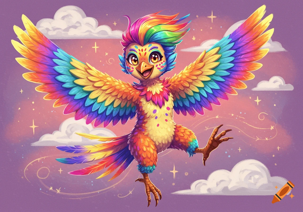 A colorful, stylized rainbow bird flies in a purple sky with clouds and stars.