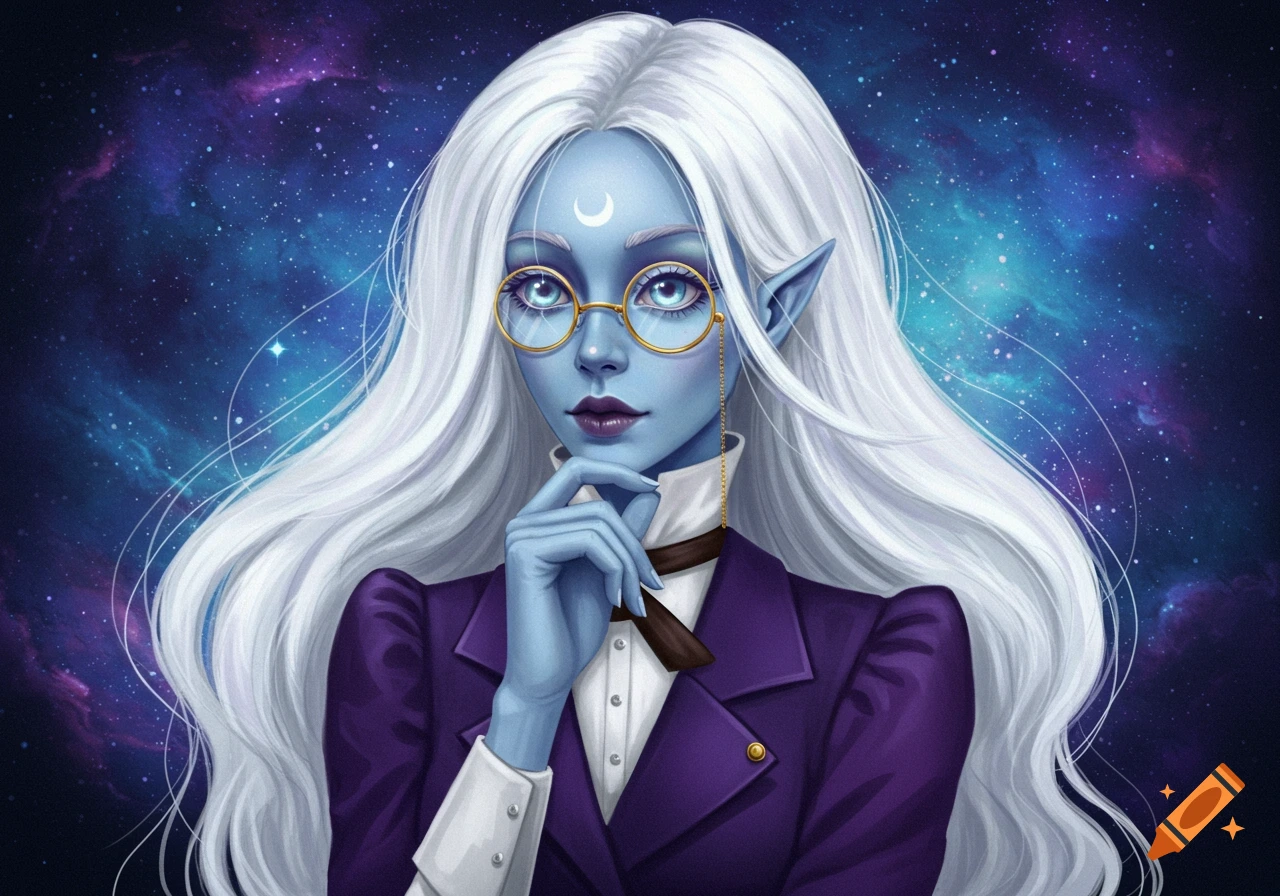 A blue-skinned character with white hair, elf ears, glasses, and a monocle, wearing a suit jacket against a starry background.