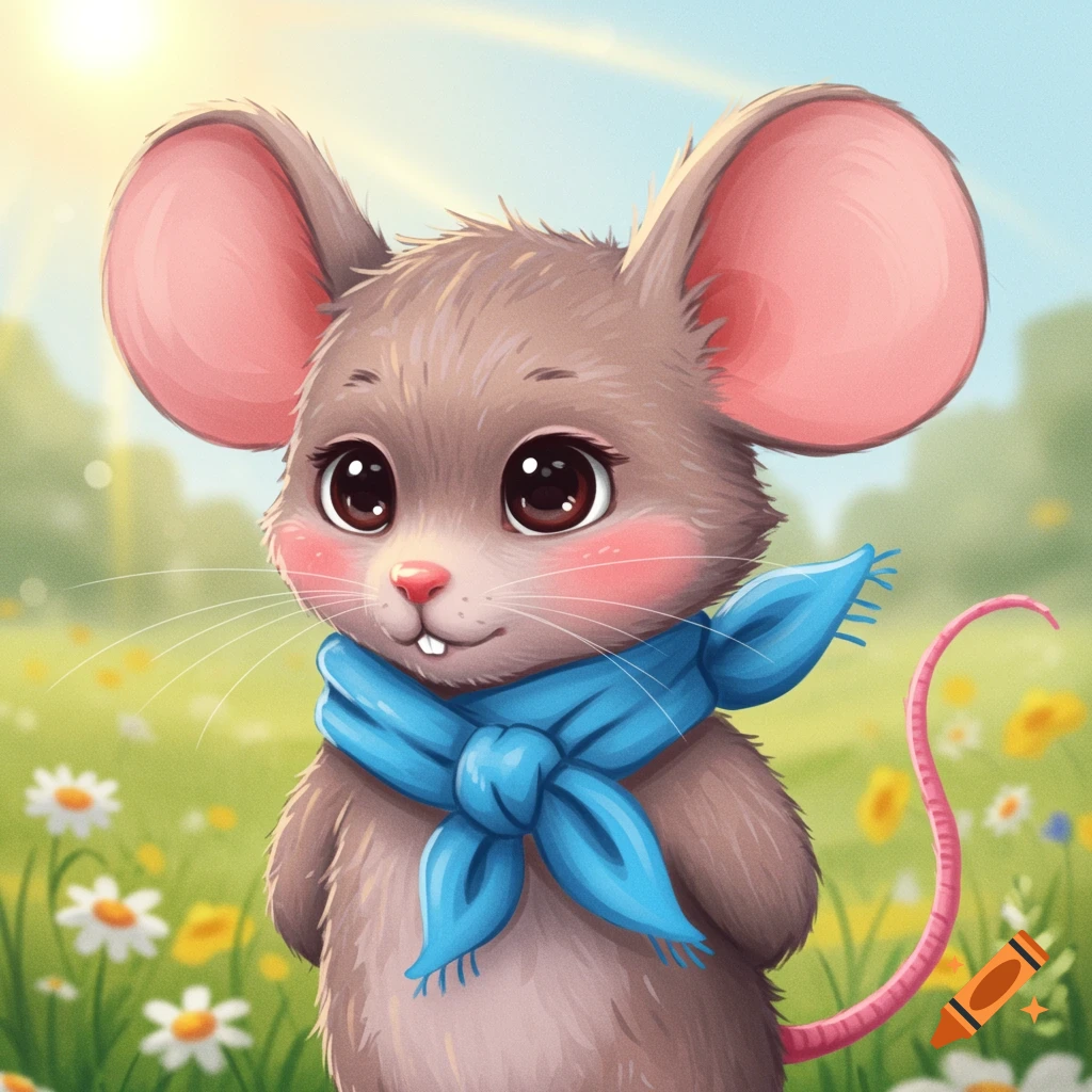 A cute cartoon mouse wearing a blue scarf stands in a field of flowers under a sunny sky.