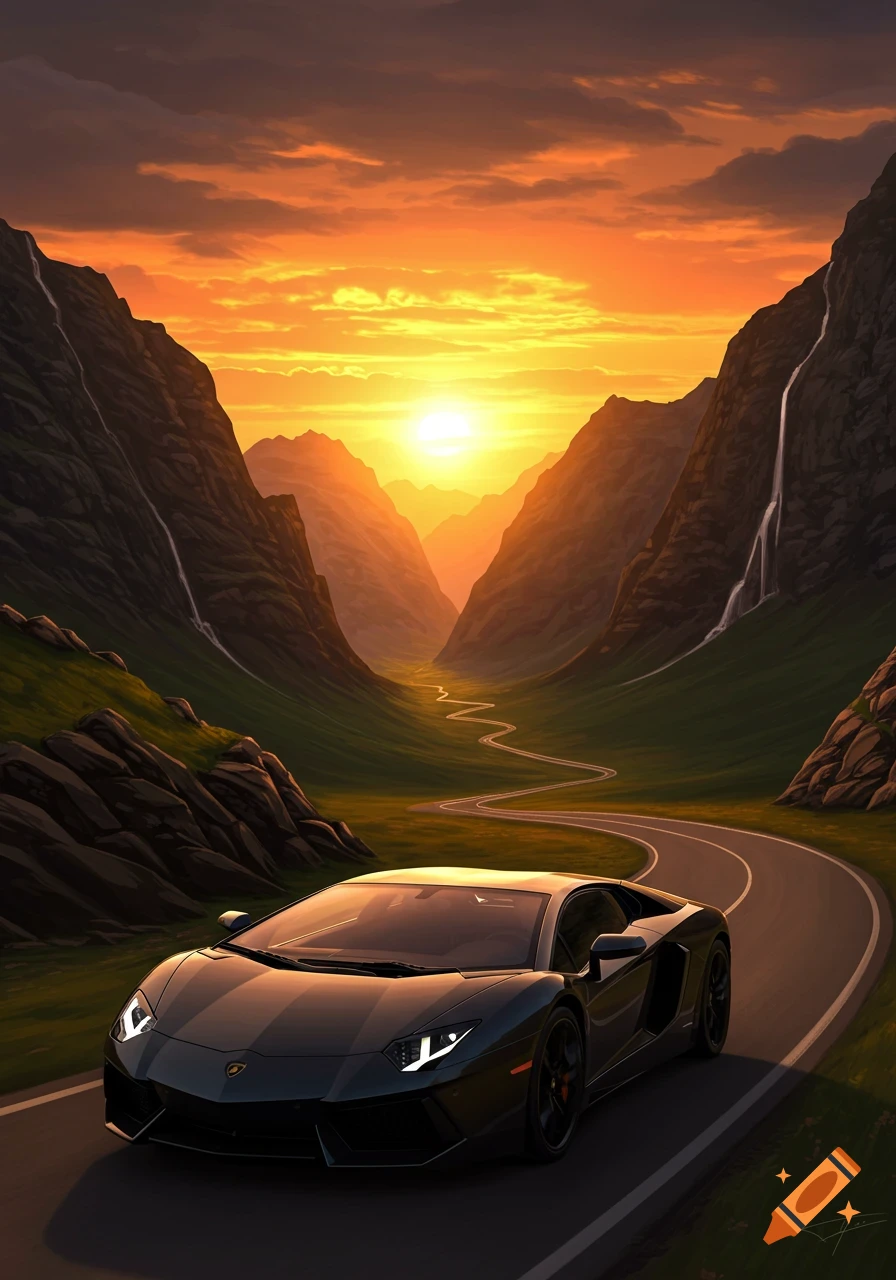 A black sports car on a winding road in a mountain valley at sunset.