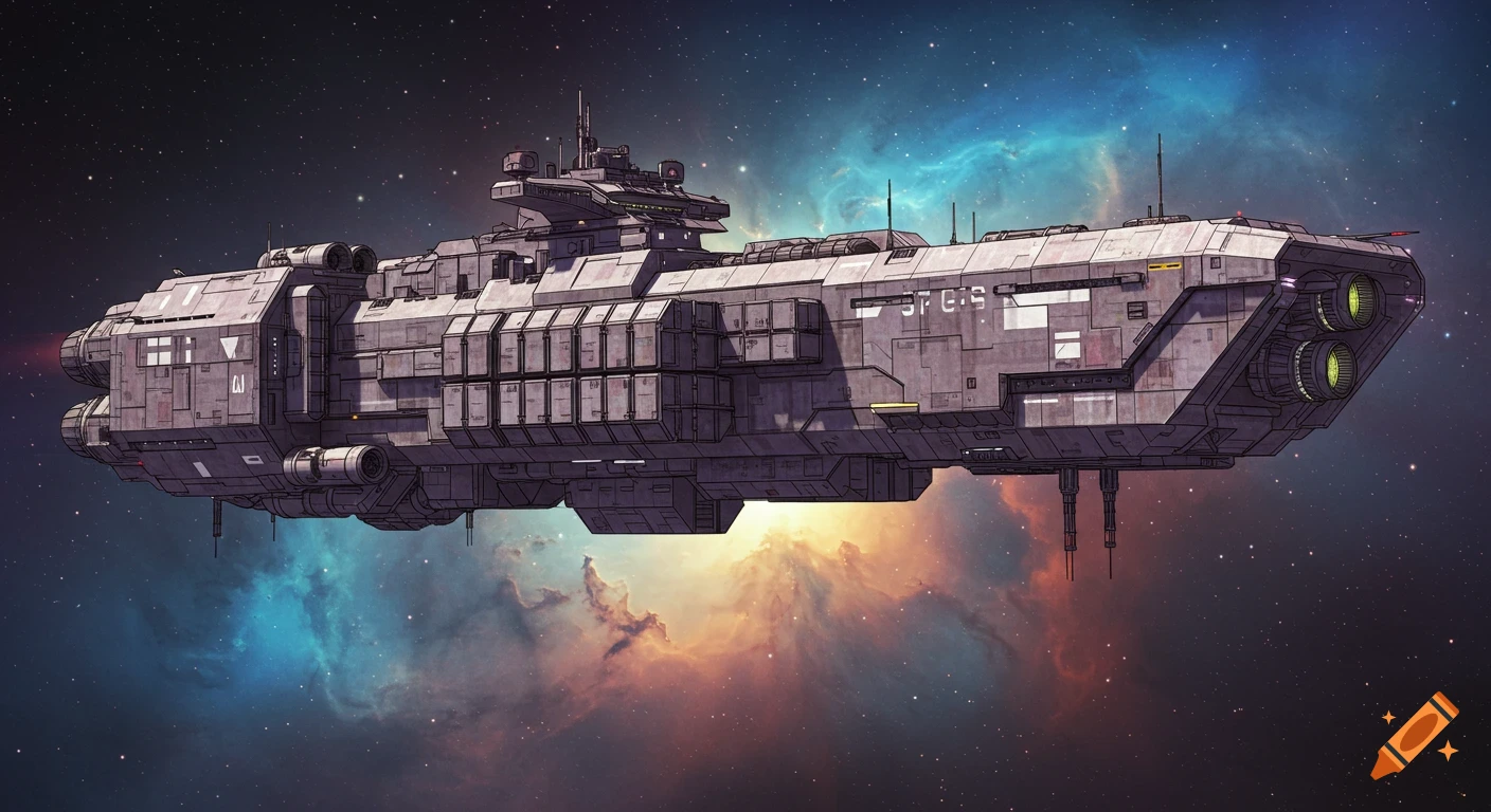 A cargo spaceship in space with a nebula background.