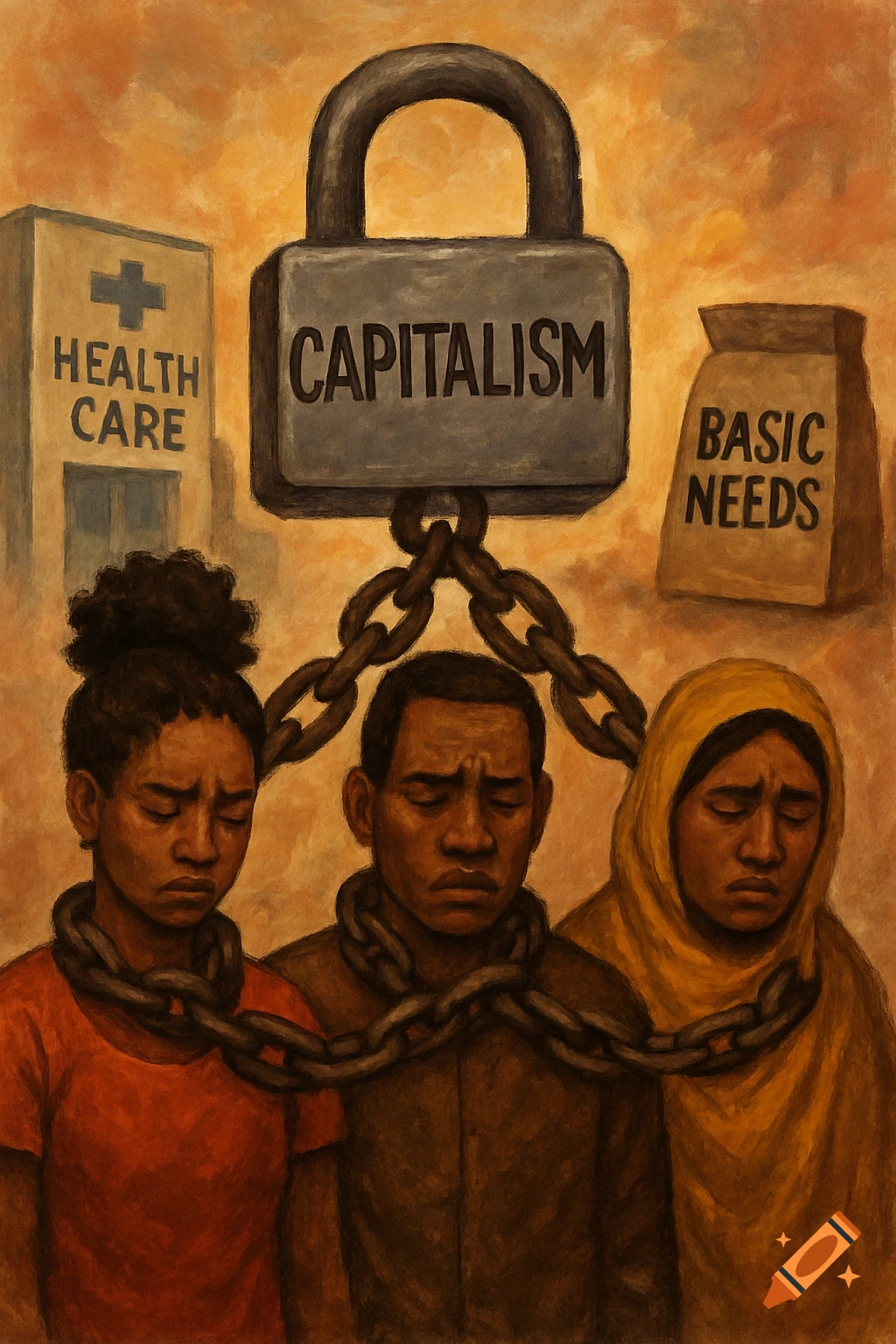 A painting depicting people chained by a lock labeled 'CAPITALISM', with 'HEALTH CARE' and 'BASIC NEEDS' nearby.