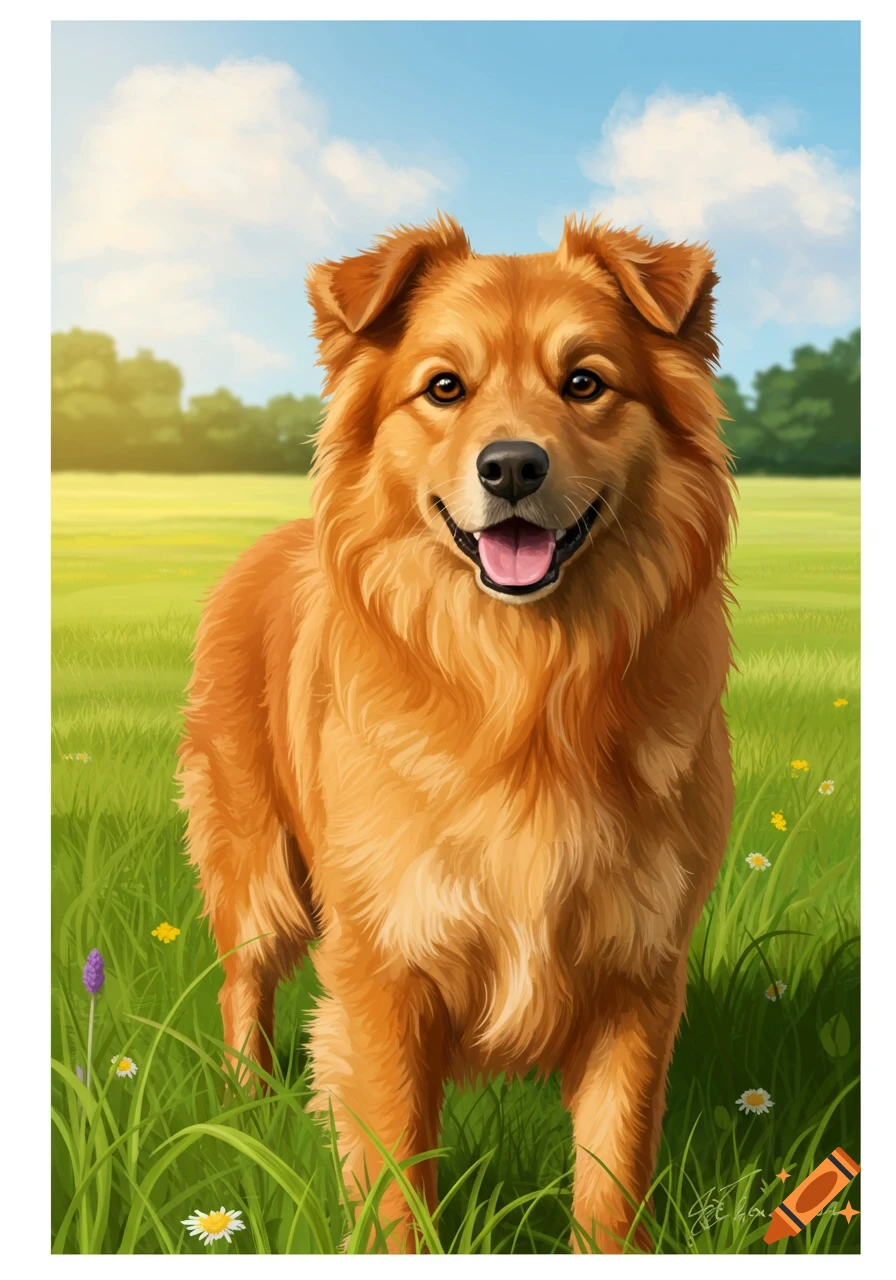 A golden dog stands in a grassy field with flowers under a sunny sky.