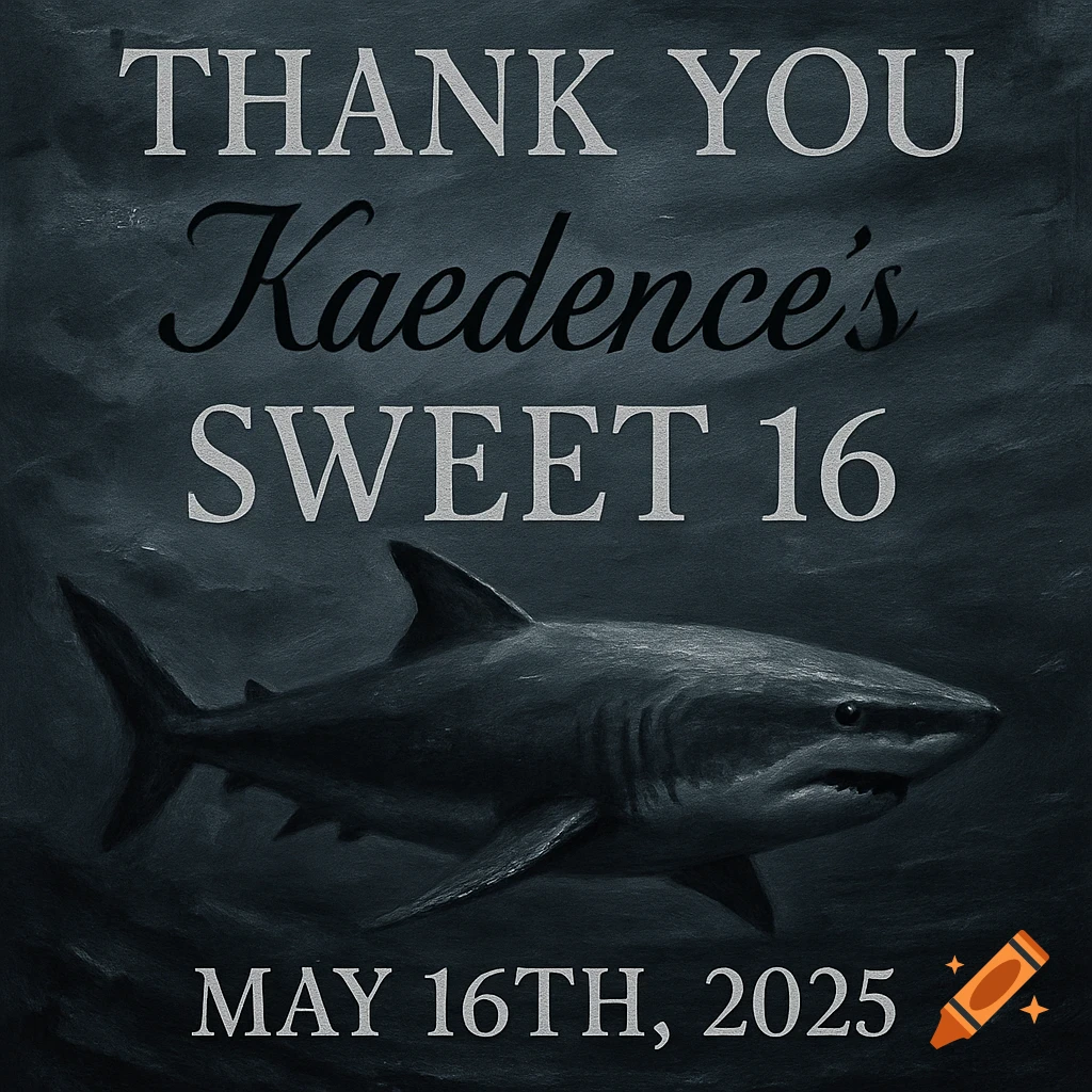 Image with THANK YOU Kaedence's SWEET 16 text and a shark