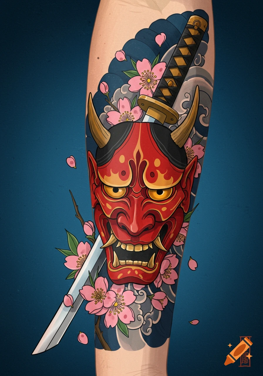 Japanese style forearm tattoo with red Oni mask, katana, and cherry blossoms