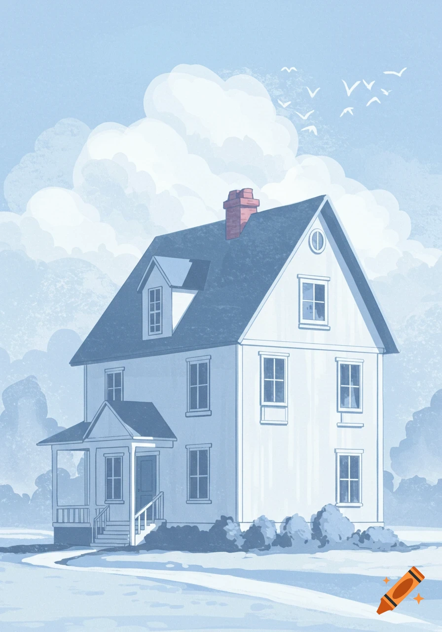 A white and blue house in a winter landscape under a cloudy sky with birds flying.