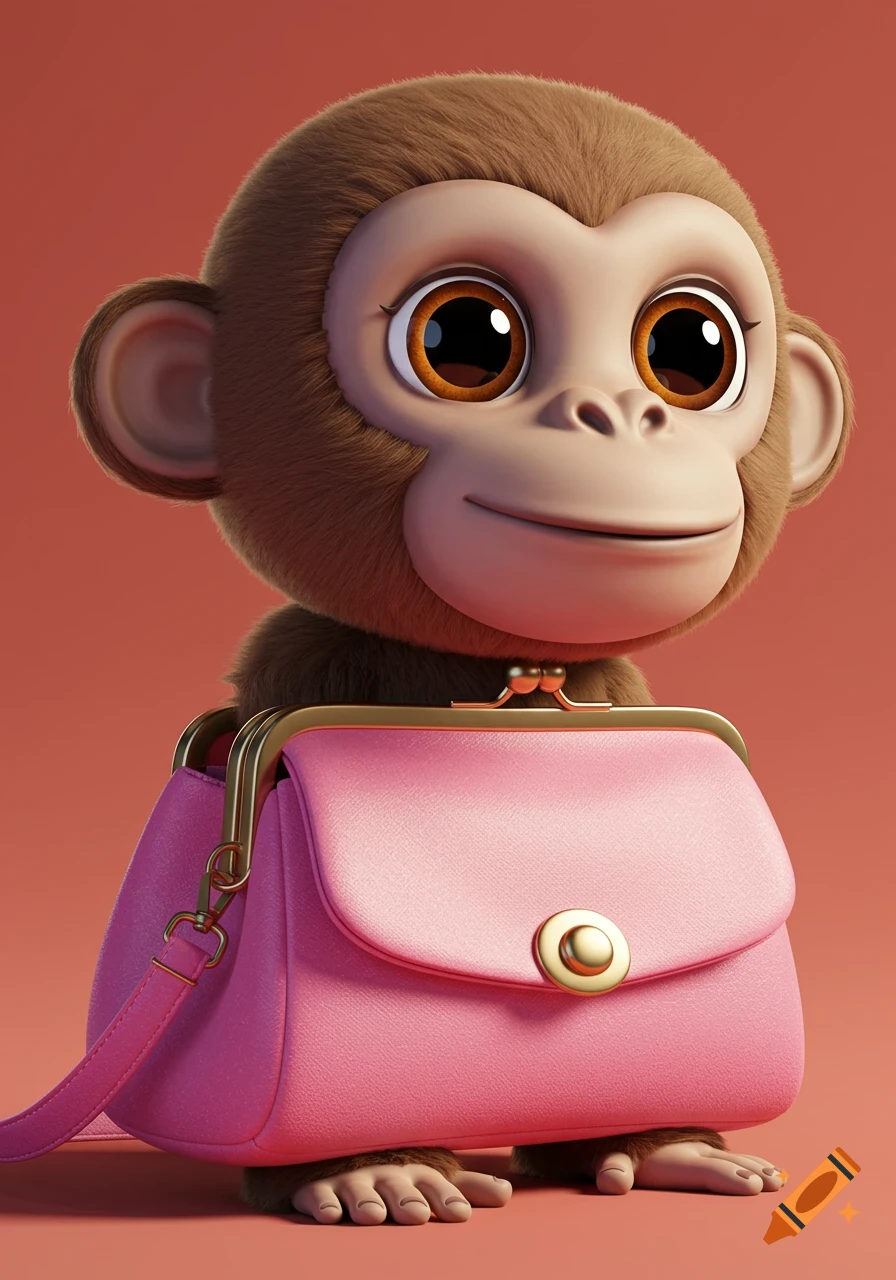 A cute animated monkey holding a pink purse.