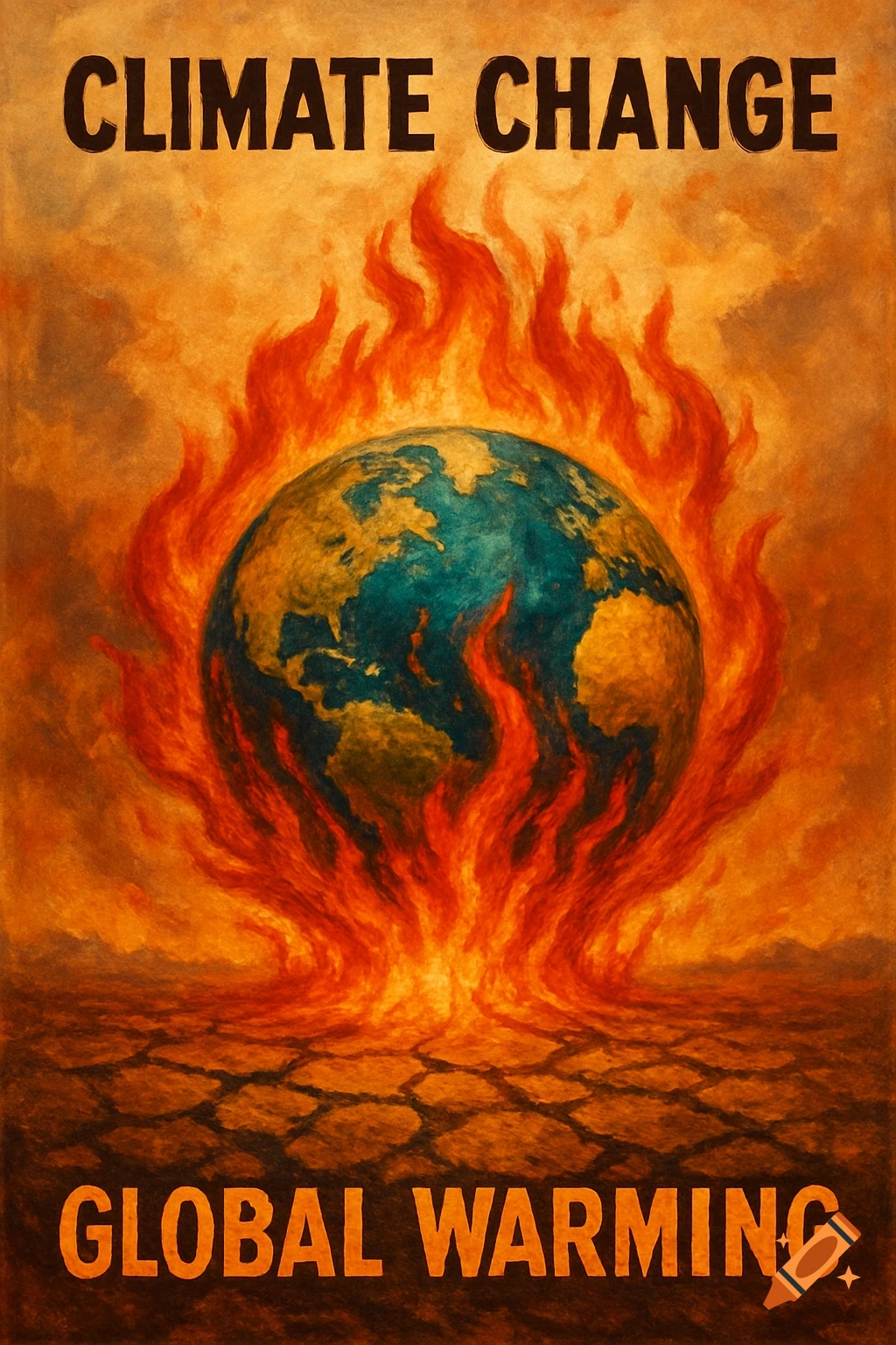 A climate change poster showing the Earth engulfed in flames above cracked ground. Text reads 'CLIMATE CHANGE' and 'GLOBAL WARMING'.