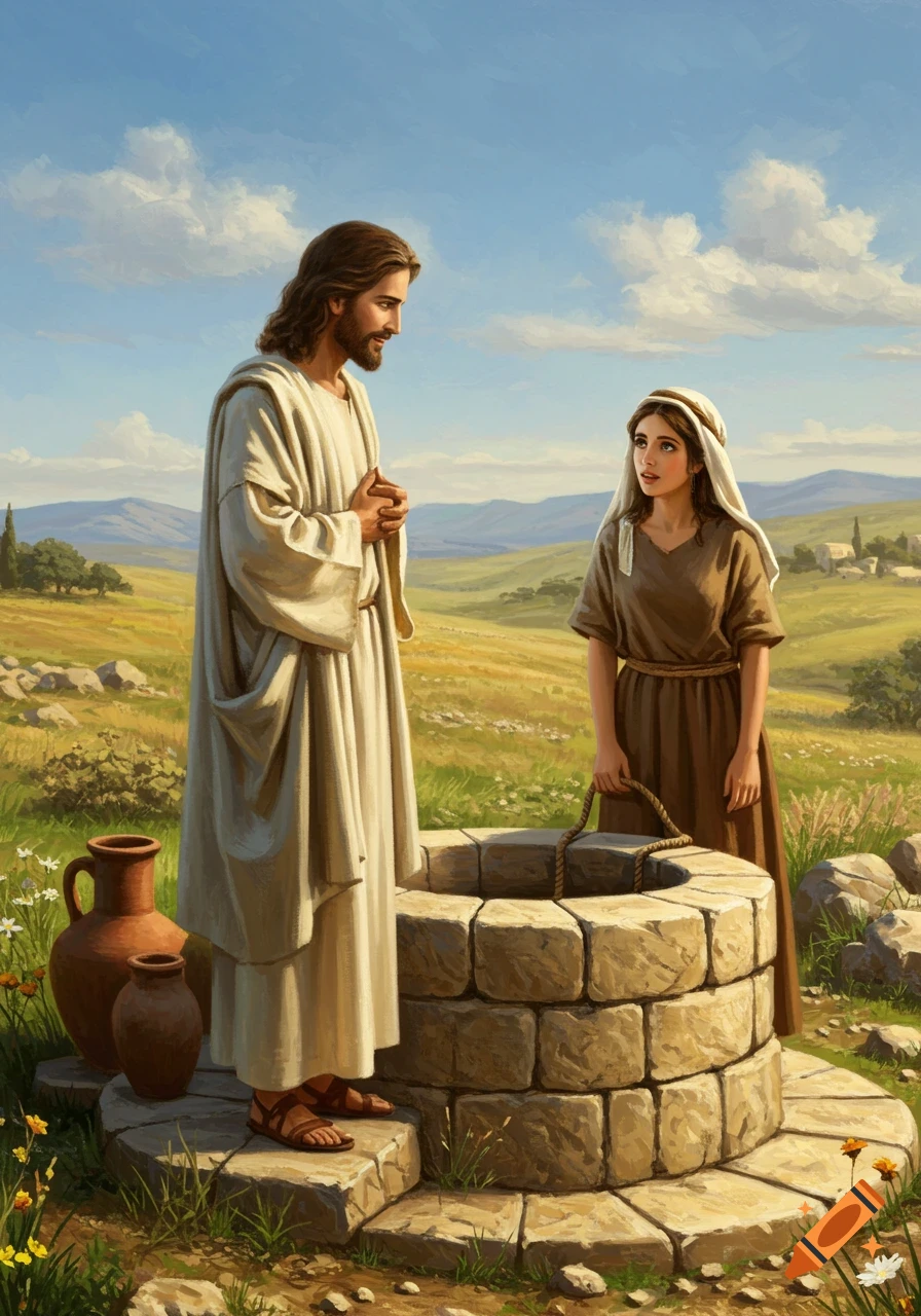Painting of Jesus and a woman talking by a stone well in a sunny field.