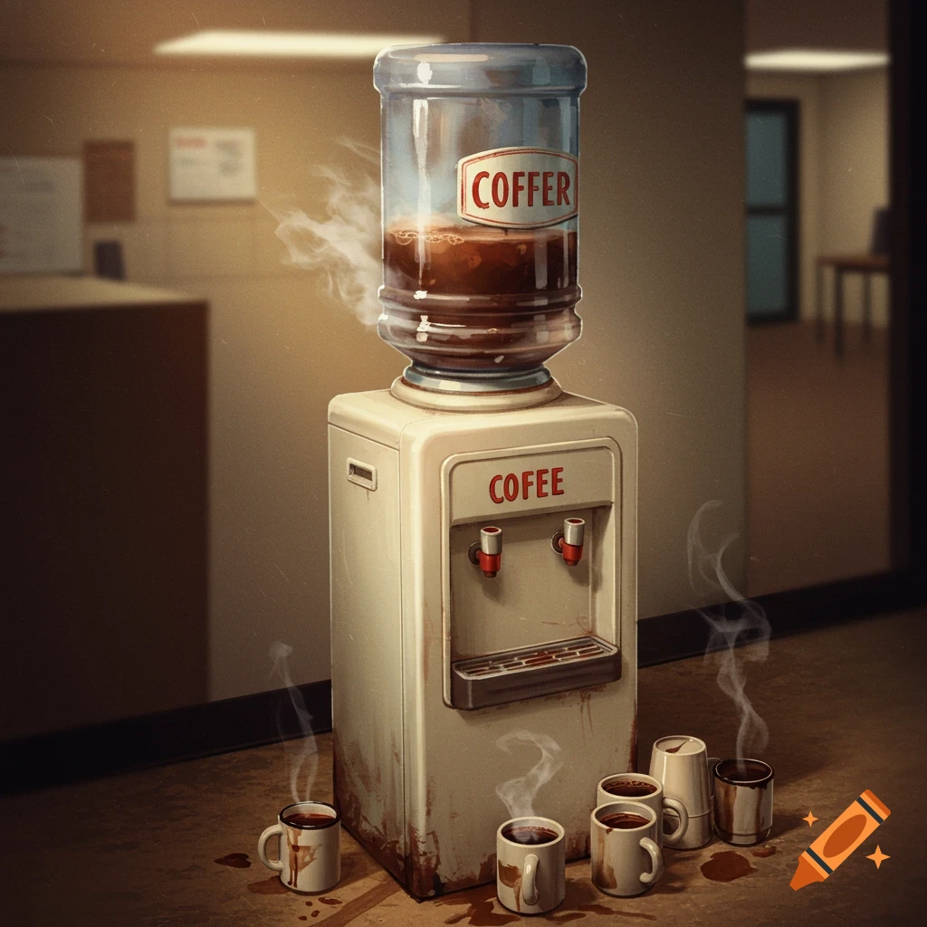 A water cooler filled with coffee is surrounded by steaming cups on the floor.