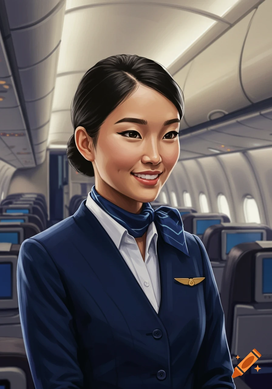 Stylized portrait illustration of a smiling flight attendant in uniform standing in an airplane cabin