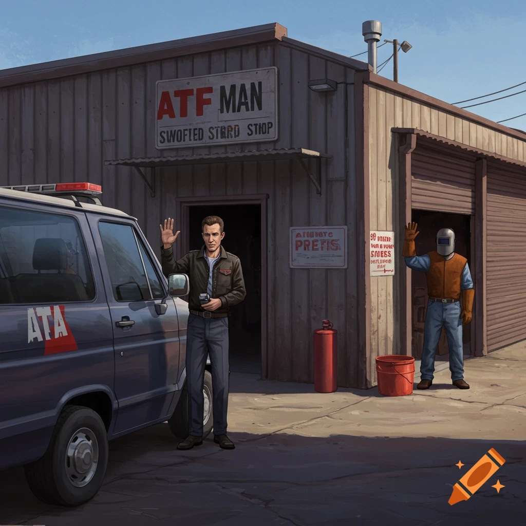 A man waving by a blue van outside a shop, with a welder waving from a doorway.