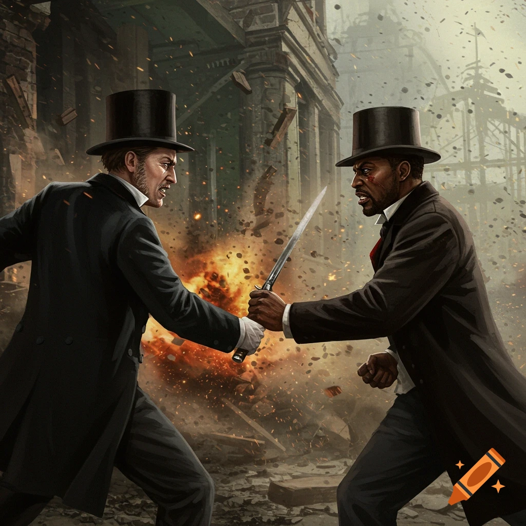 Two men in top hats fighting with knives amidst an explosion in a ruined street.