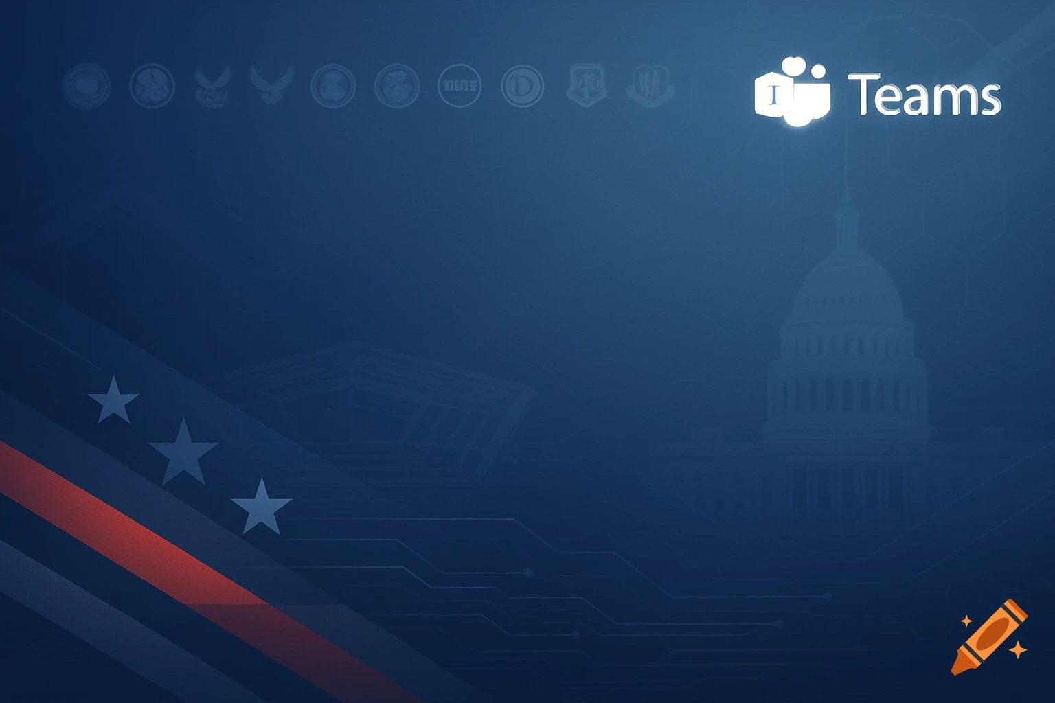Abstract blue background with US flag elements, government building silhouettes, agency icons, and a Microsoft Teams logo.