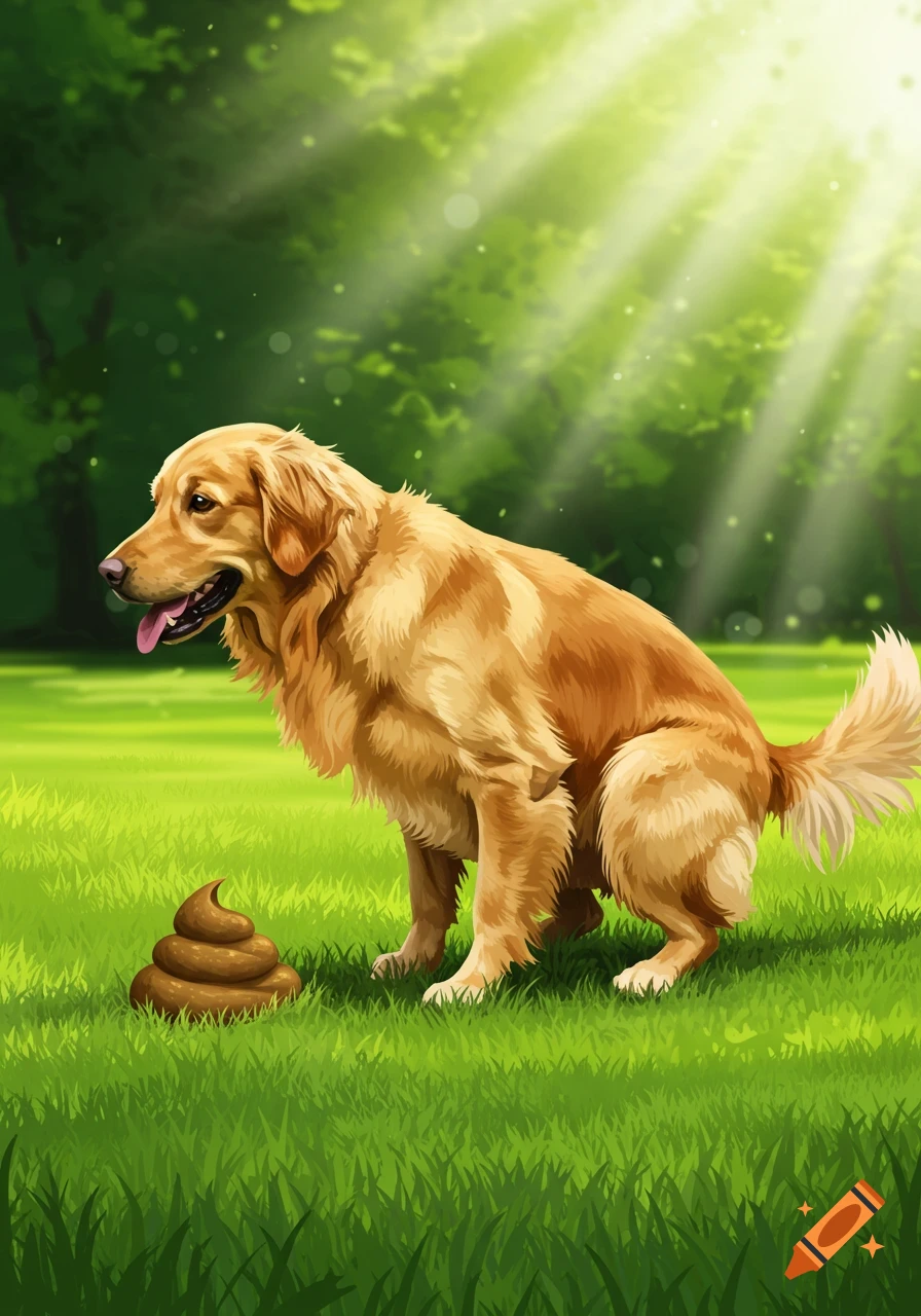 A golden retriever dog pooping in a grassy park.