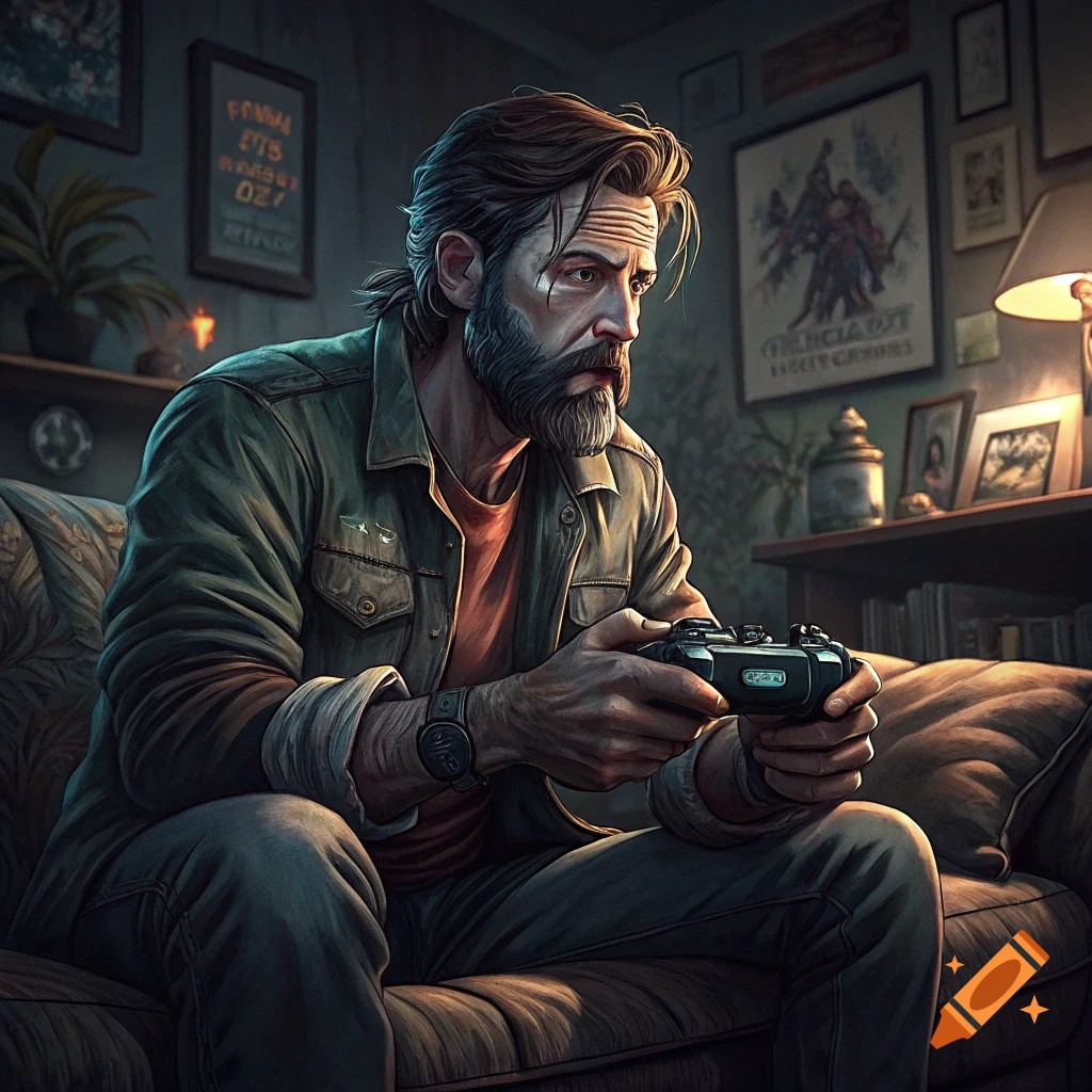 A man with a beard sits on a couch, playing a video game controller. Posters are on the wall behind him.