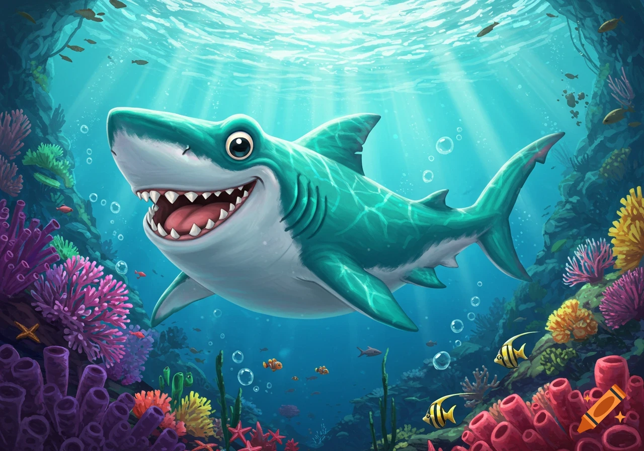 A friendly cartoon shark smiles underwater with colorful coral reefs and fish.