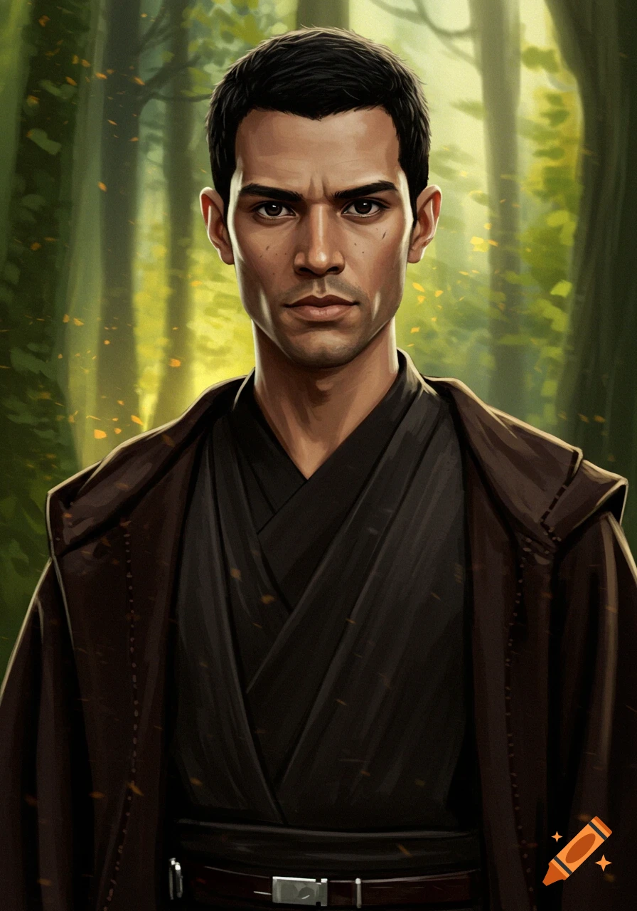 Portrait of a man in dark brown robes standing in a forest.