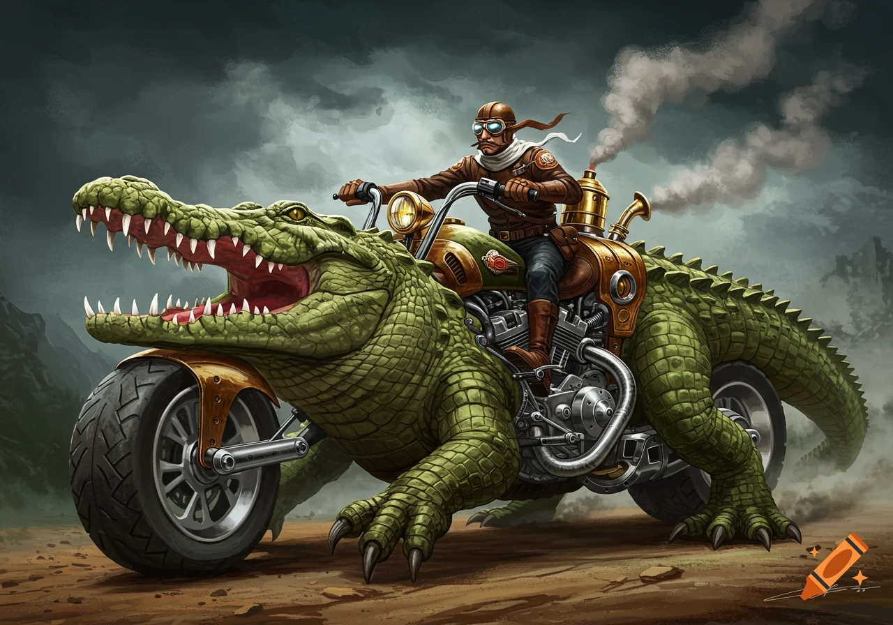 A person in goggles and leather rides a mechanical crocodile motorcycle hybrid.