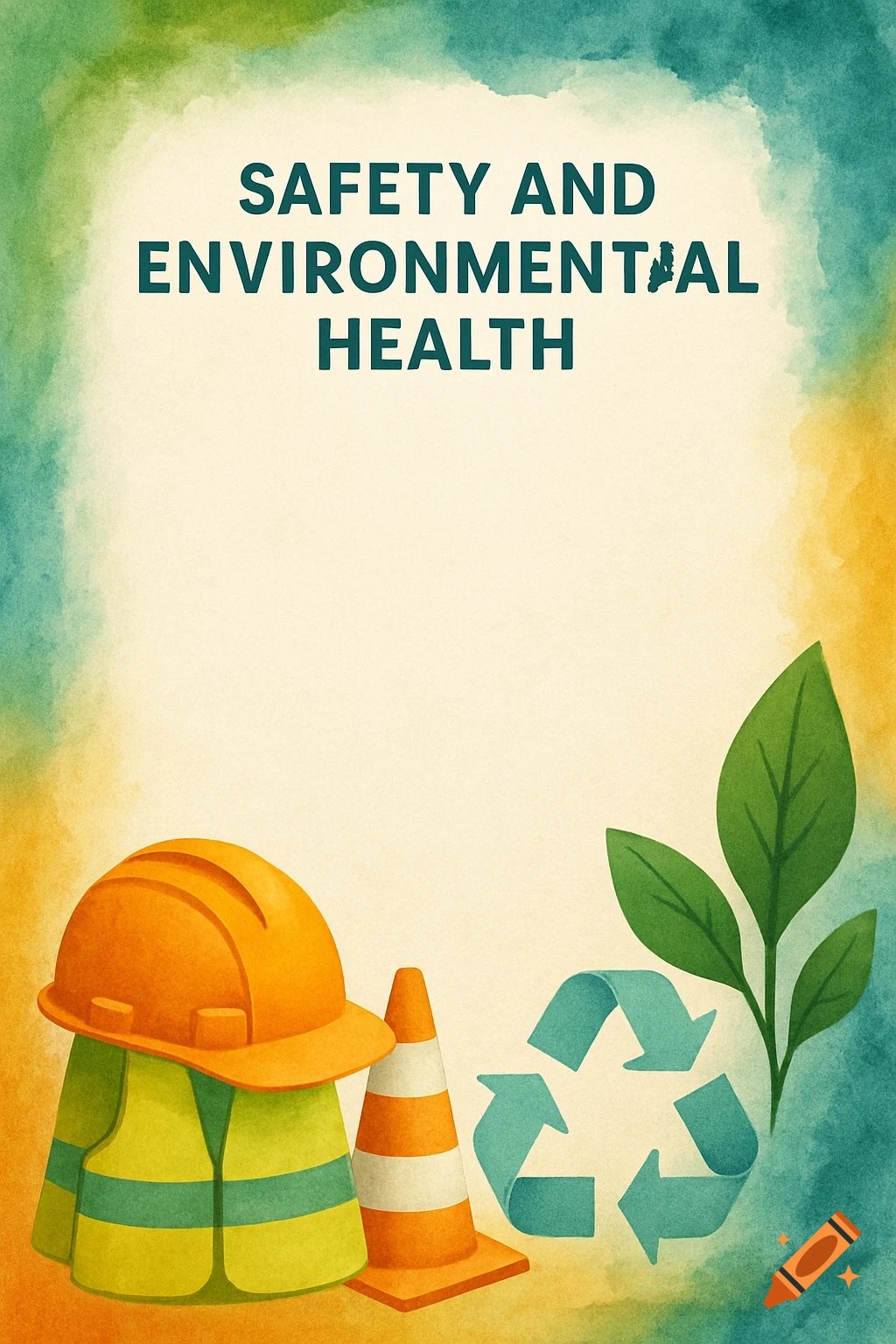 Safety and environmental health symbols with text in watercolor style.