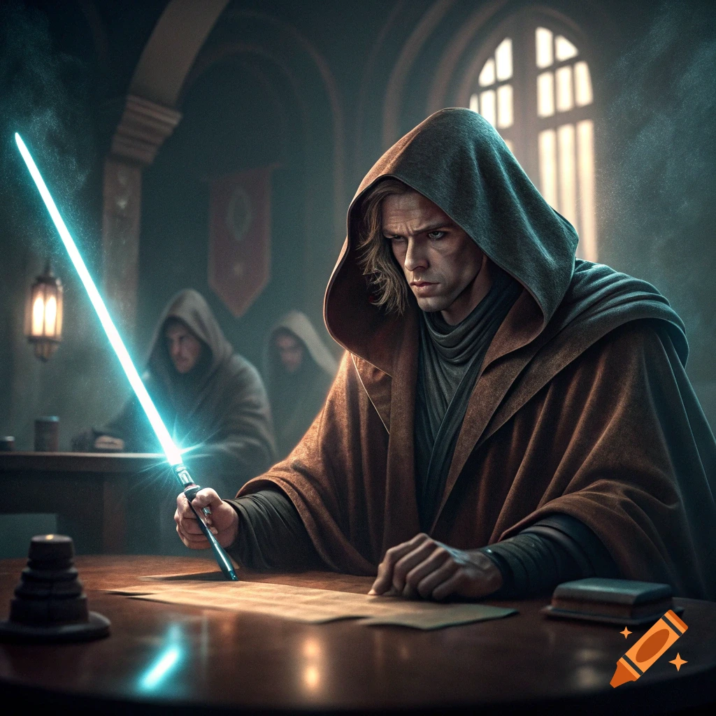 A hooded figure with a blue glowing sword looks at a document on a table.