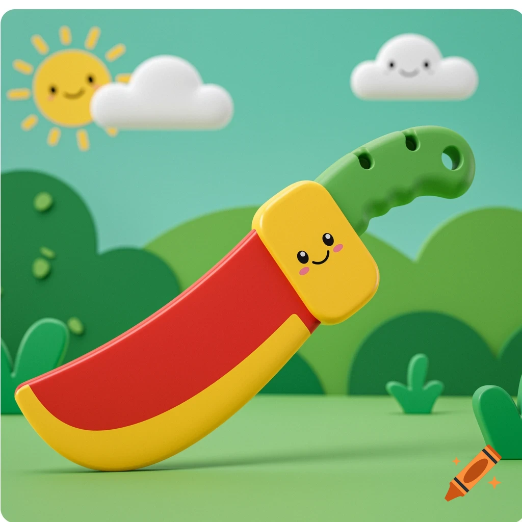 A bright, cartoony red and yellow toy machete with a smiley face sits in a green landscape under a cartoon sun and clouds.