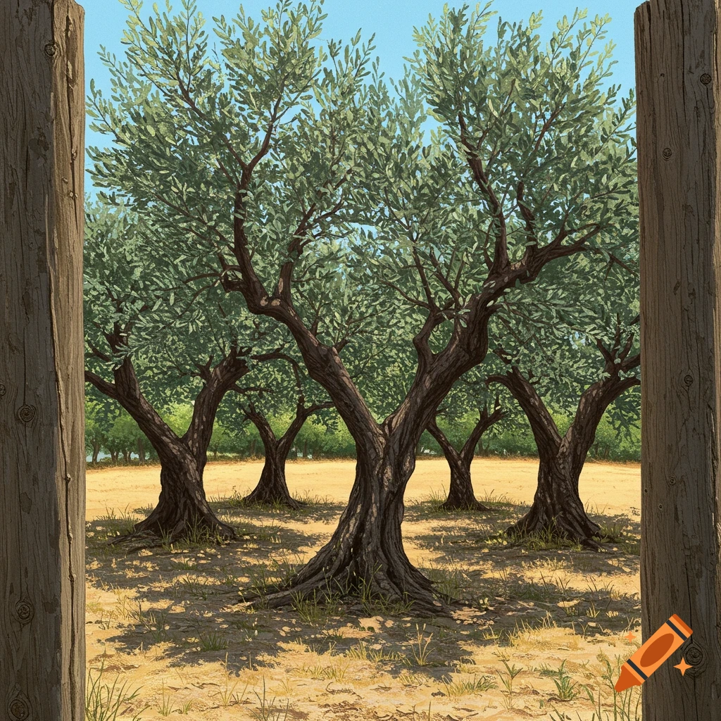 Olive trees in a field framed by wooden posts.