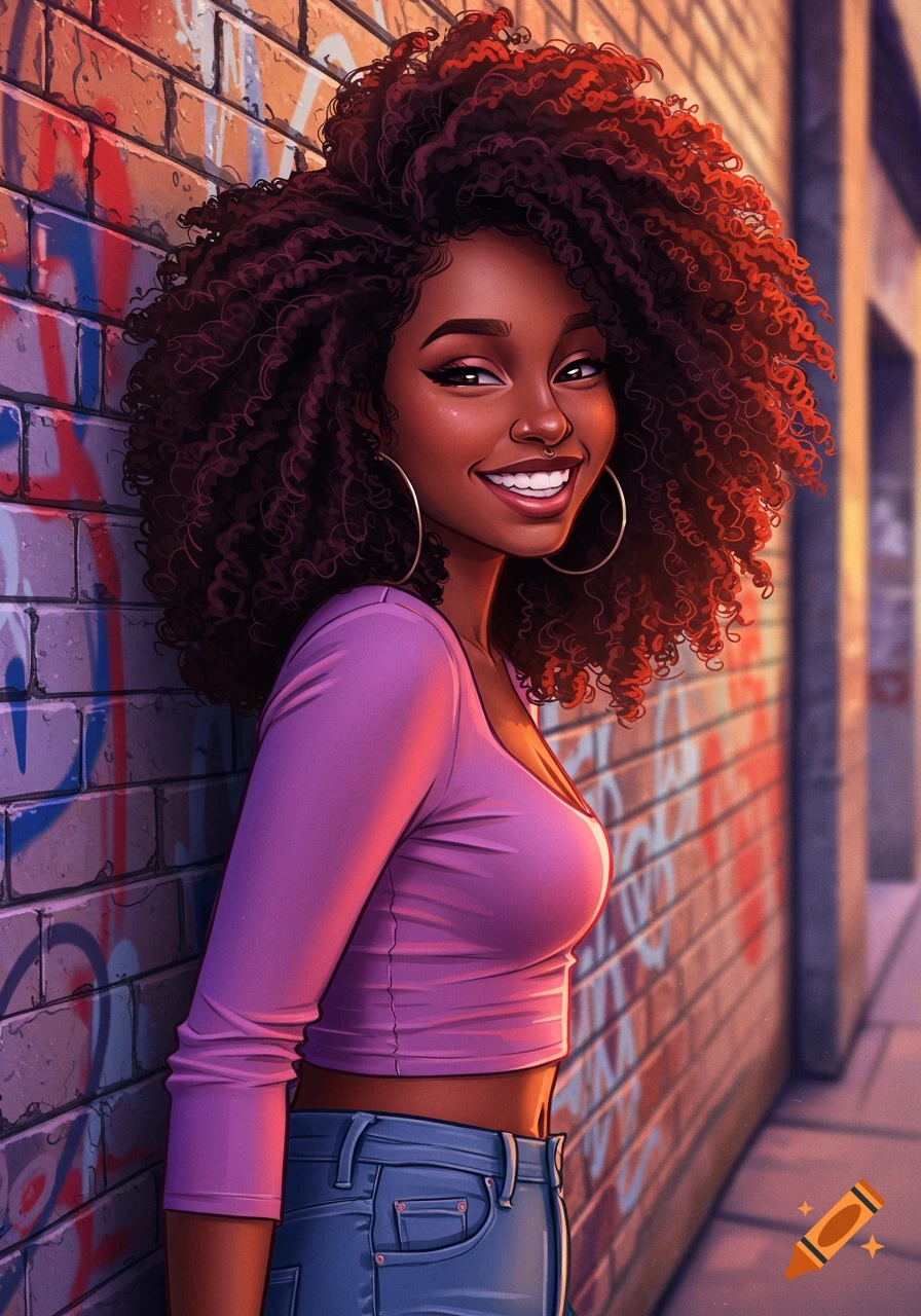 A stylized portrait of a young Black woman with large curly hair and hoop earrings smiling and leaning against a graffiti-covered brick wall.