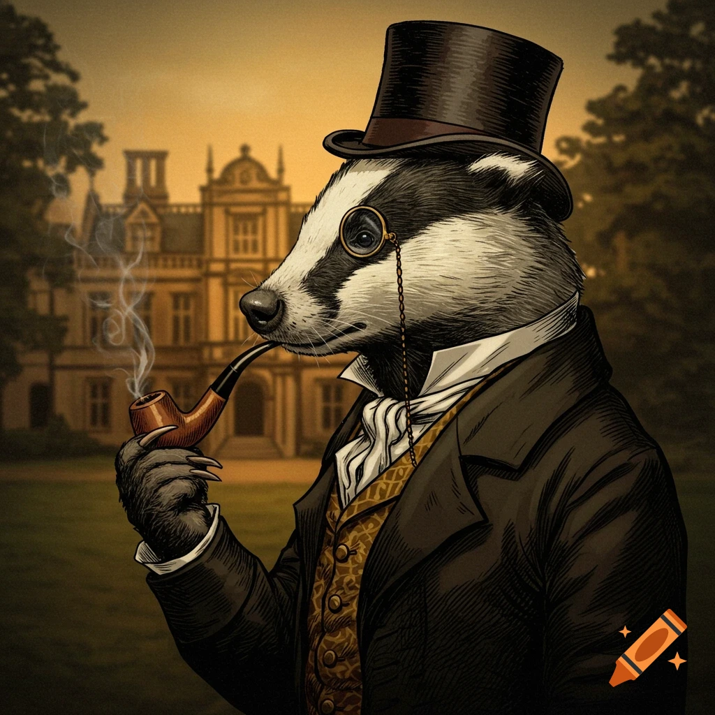 An illustration of a badger in a top hat, monocle, and coat smoking a pipe in front of a manor.