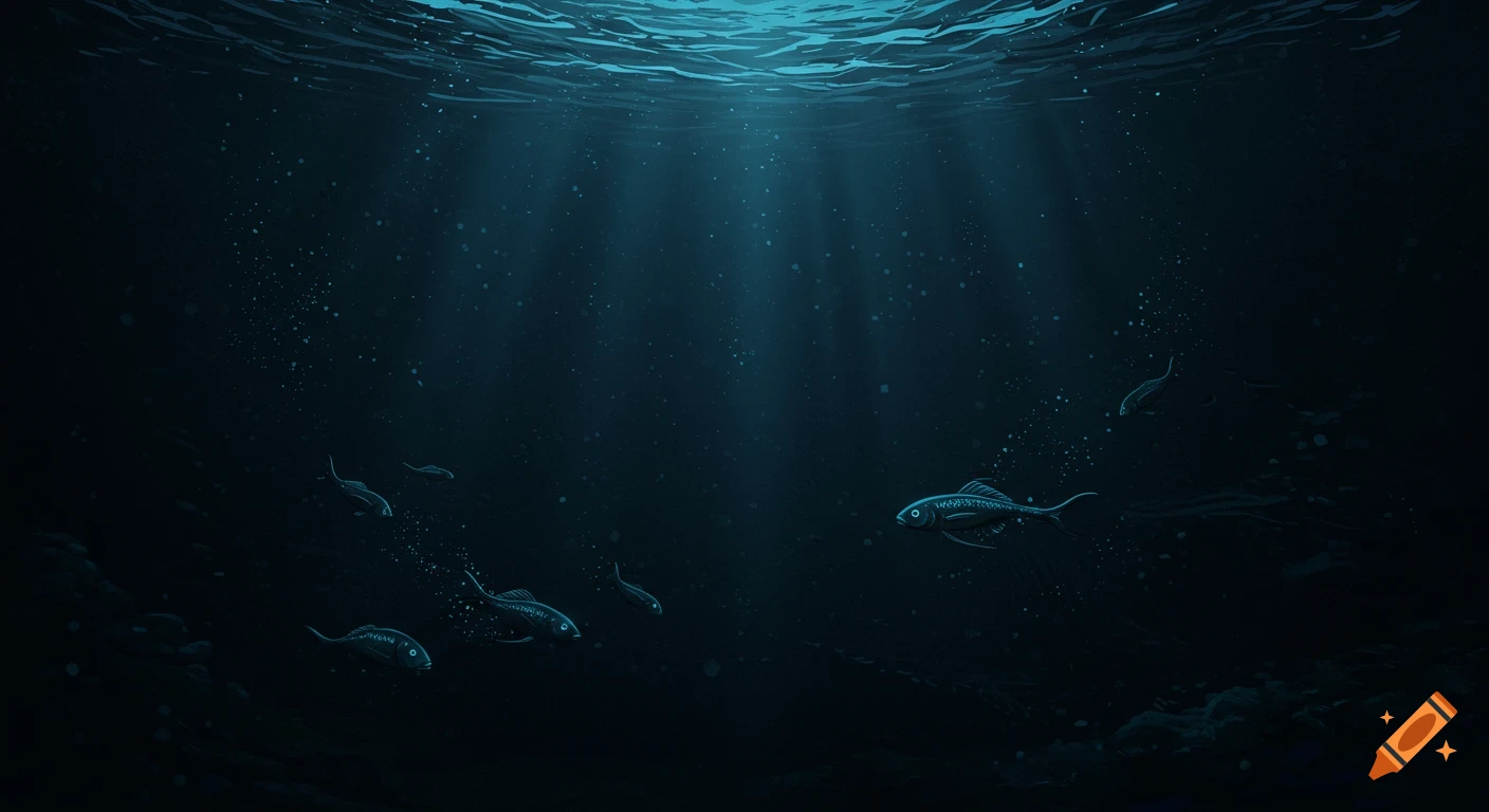 Deep dark ocean floor illustration with fish swimming and sunbeams filtering down.
