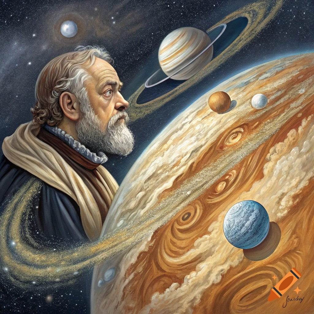 Illustration of a bearded man looking at planets and stars in space