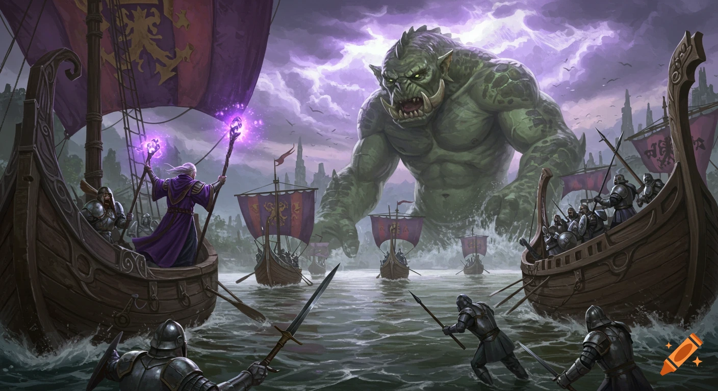 A giant green troll attacking an armada of ships carrying wizards and warriors in a stormy sea.