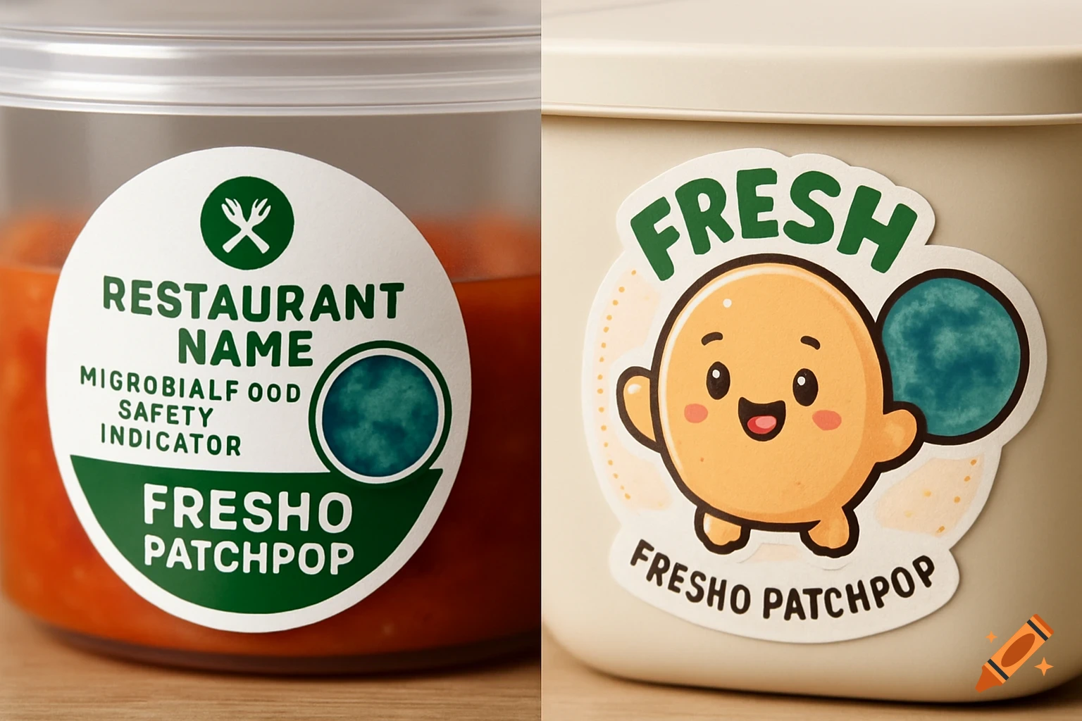 Two variations of labels on containers. One white label on a clear jar reads 'RESTAURANT NAME', 'MIGROBIALF OOD SAFETY INDICATOR', 'FRESHO PATCHPOP'. The other has a cartoon character and reads 'FRESH', 'FRESHO PATCHPOP'.