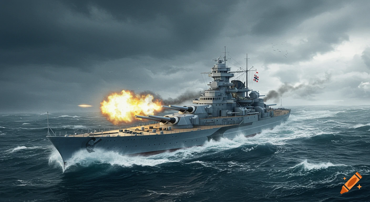 Battleship firing its main guns in stormy seas