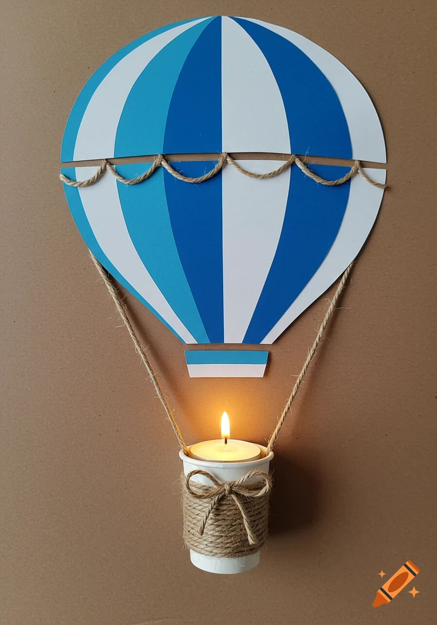 A craft hot air balloon made of paper and string with a lit candle in a cup basket.