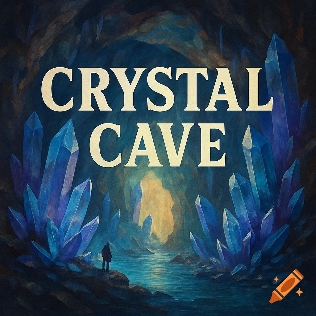 A person looks at crystals in a glowing cave with text overlaid.
